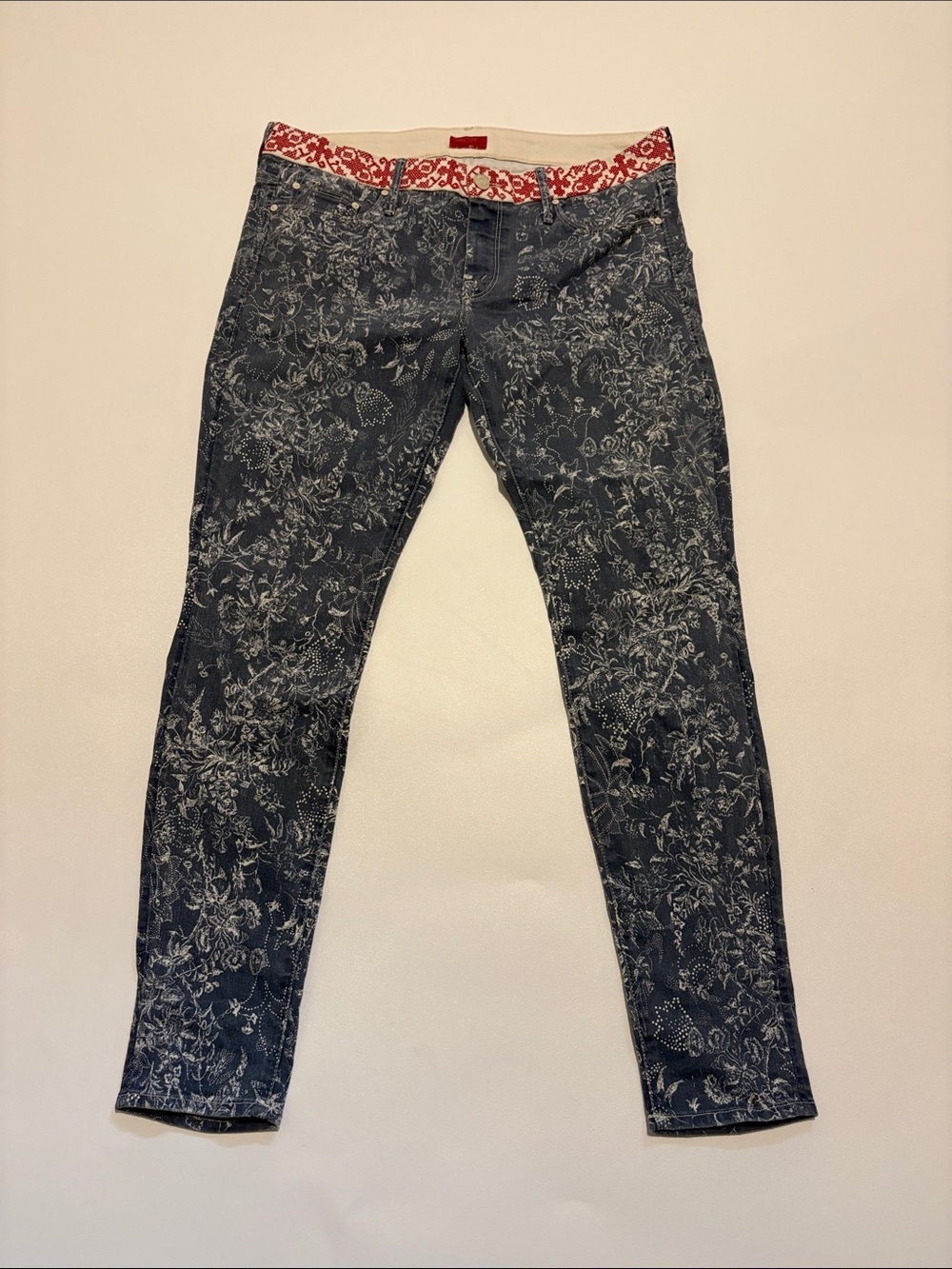 MOTHER Aspire Patterned Blue Floral Skinny Jeans with Red Waistband